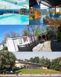 un collage de tres fotos de un parque acuático en Kajuit423 6pers 5sterren vakantiepark Bergumermeer aan het water in Friesland met zwembad, en Suameer