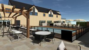 a patio with tables and chairs next to a pool at Sure Hotel by Best Western Caen Memorial in Caen