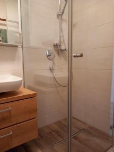 a shower with a glass door in a bathroom at MoarHof Feilnbach in Bad Feilnbach +30 photos