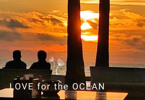 a couple watching the sunset over the ocean with the words love for the ocean at Nautic in Quarteira