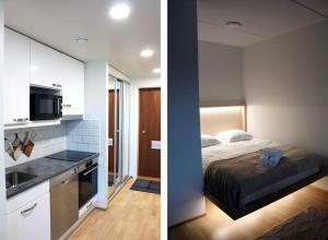 a kitchen and a bedroom with a bed in a room at Modern Studio in Prime Location in Vantaa