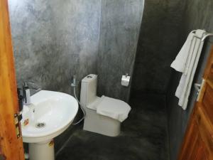 a bathroom with a sink and a white toilet at Zangreen Bungalows in Jambiani