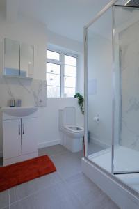 y baño con aseo, lavabo y ducha. en Lovely 2-bed Highbury Home, en Londres