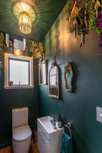 a bathroom with a toilet and a sink and a mirror at The Artist's House Wanaka in Luggate