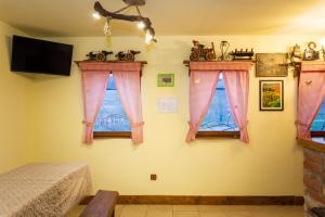 Pokój z 3 oknami, łóżkiem i telewizorem w obiekcie Zagorska Klet 