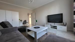 un soggiorno con divano e TV a schermo piatto di Apartamenty Motyl a Żywiec