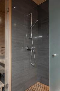 a shower with a shower head in a bathroom at Luxorius apartment on the beach and the citycenter in Helsinki
