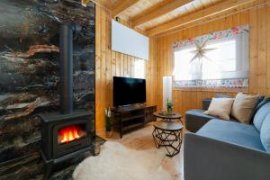 a living room with a fireplace and a couch at Alpejskie domki Karkonosze in Jarkowice