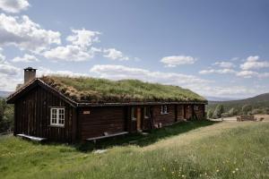 uma cabana de madeira com um telhado de relva num campo em Formoseter em Høvringen