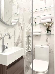 W łazience znajduje się toaleta, umywalka i lustro. w obiekcie 1587 - Cosy apartment in Paris Olympic Games 2024 w Paryżu