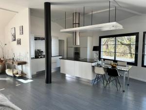 a large kitchen with a table and a counter top at Maison du Lac avec Lagon, Spa de Nage, Jacuzzi in Biscarrosse