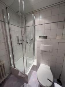 a white bathroom with a shower and a toilet at Hotel Haus Christel in Willingen