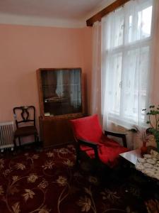 - un salon avec une chaise rouge et une fenêtre dans l'établissement La 2 pași de Biserica Neagră, à Braşov