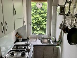 une cuisine avec un évier et une fenêtre dans l'établissement La Tana: accogliente, romantica, relax, à Brescia
