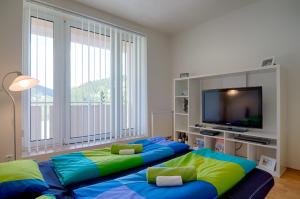 a living room with a large bed and a flat screen tv at Apartment Marketa in Pec pod Sněžkou