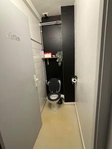 a small bathroom with a toilet in a stall at Le studio «des Terroux » in Mortroux +5 photos