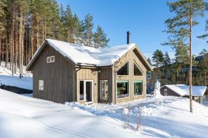 uma pequena casa na neve na floresta em Moderne hytte met eindeloos uitzicht en een sauna em Vradal