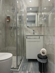 y baño con ducha, aseo y lavamanos. en casa julian-inn, en Madrid