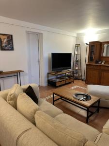 a living room with a couch and a flat screen tv at Chez Phil et Dom in Biarritz