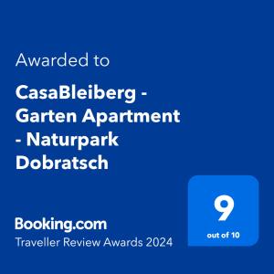 Majutusasutuses CasaBleiberg - Garten Apartment - Naturpark Dobratsch olev sertifikaat, autasu, silt või muu dokument