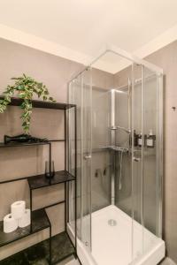 La salle de bains est pourvue d'une douche et d'une cabine de verre. dans l'établissement Framnesvegur - Two Bedroom Central Apartment, à Reykjavik