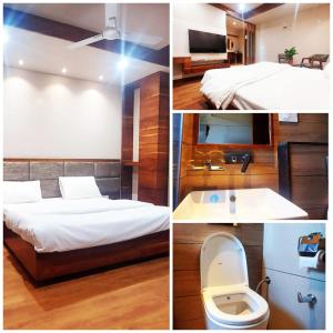 a collage of four pictures of a hotel room at Hotel Endora in Patiāla