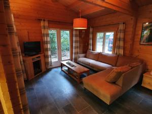 ein Wohnzimmer mit einem Sofa und einem TV in der Unterkunft Chalet Ermelo in Ermelo
