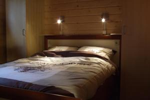 ein Bett mit zwei Leuchten darüber in der Unterkunft Chalet Ermelo in Ermelo