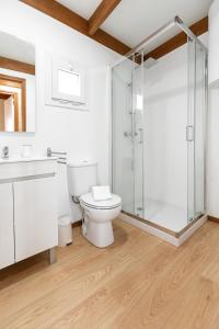 W łazience znajduje się toaleta i przeszklony prysznic. w obiekcie Quinta dos Castanheiros w mieście Usseira