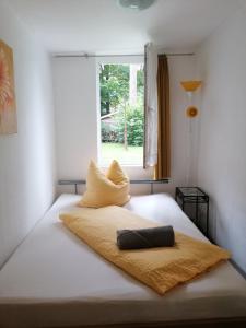 a bed in a room with a window at Ferienhaus Schatz in Siedlung Schönwalde