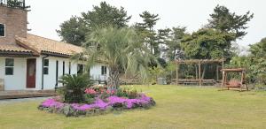 a garden with a palm tree and flowers in front of a house at Bandi House in Seogwipo