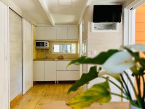a kitchen with white cabinets and a plant in the foreground at Camping Paloma in Tarifa