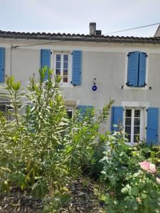 une maison avec des volets bleus et des plantes dans l'établissement Les Hirondelles Archiac, à Archiac