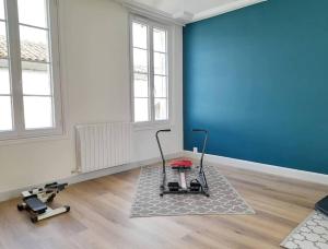 een kamer met een blauwe muur en een stofzuiger bij Les Hirondelles Archiac in Archiac