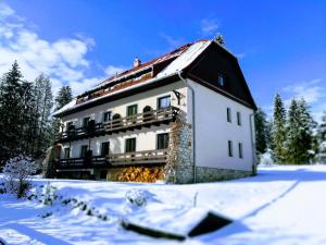 Spišské Tomášovce的住宿－Rekreačné zariadenie Čingov - Slovenský raj，雪中带屋顶的房子
