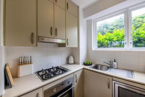 uma cozinha com um fogão, um lavatório e uma janela em Riverside apartment with city & Story Bridge view em Brisbane