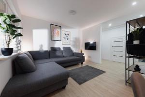 uma sala de estar com um sofá e uma televisão em Luxus-Neubauvilla am Tierpark em Alsdorf