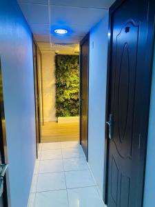a hallway with an open door with a plant in a wall at The sunset haven in Dubai