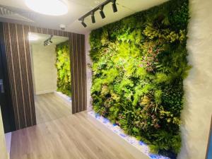 eine grüne Wand mit Pflanzen in einem Zimmer in der Unterkunft The sunset haven in Dubai