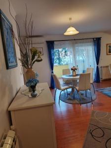 a kitchen and dining room with a table and chairs at Appartmani Punta in Umag