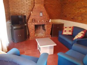 - un salon avec des canapés bleus et une cheminée dans l'établissement La casita de Elsa, à Garuhapé