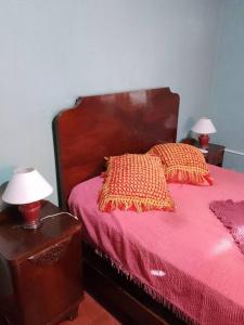 1 dormitorio con 1 cama con sábanas rosas y 2 lámparas en La casita de Elsa en Garuhapé
