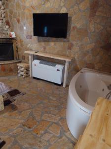 a bathroom with a tub and a tv on a stone wall at Vip Kalavrita in Kalavrita