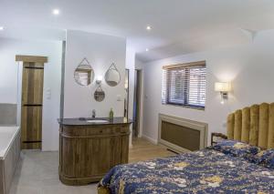 una camera da letto con un letto, un lavandino e uno specchio di Lodge de Loire - rive gauche - proche Chambord a Saint Laurent Nouan