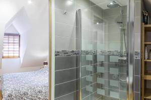 una ducha con puerta de cristal en un dormitorio en Loft climatisé proche Chambord, en Saint Laurent Nouan
