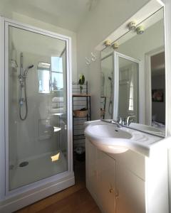 a white bathroom with a shower and a sink at Le Jardin des Lys in La Roche-Posay