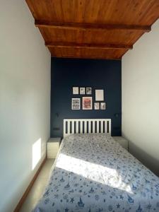 a bedroom with a bed with a blue wall at Doğa da bir ev… in Ürgüp