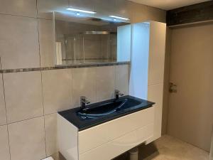 a bathroom with a blue sink and a mirror at Chez Papou in Bastogne