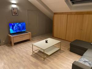 een woonkamer met een bank en een tv bij Chez Papou in Bastenaken