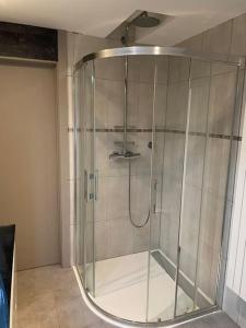 a shower with a glass door in a bathroom at Chez Papou in Bastogne